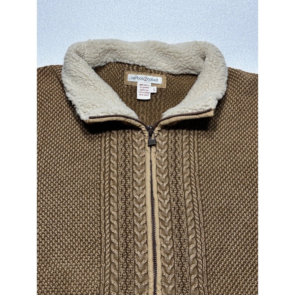 Carbon 2 Cobalt Wharf Sweater Mens Large Beige Brown Full Zip Cable Knit Outdoor